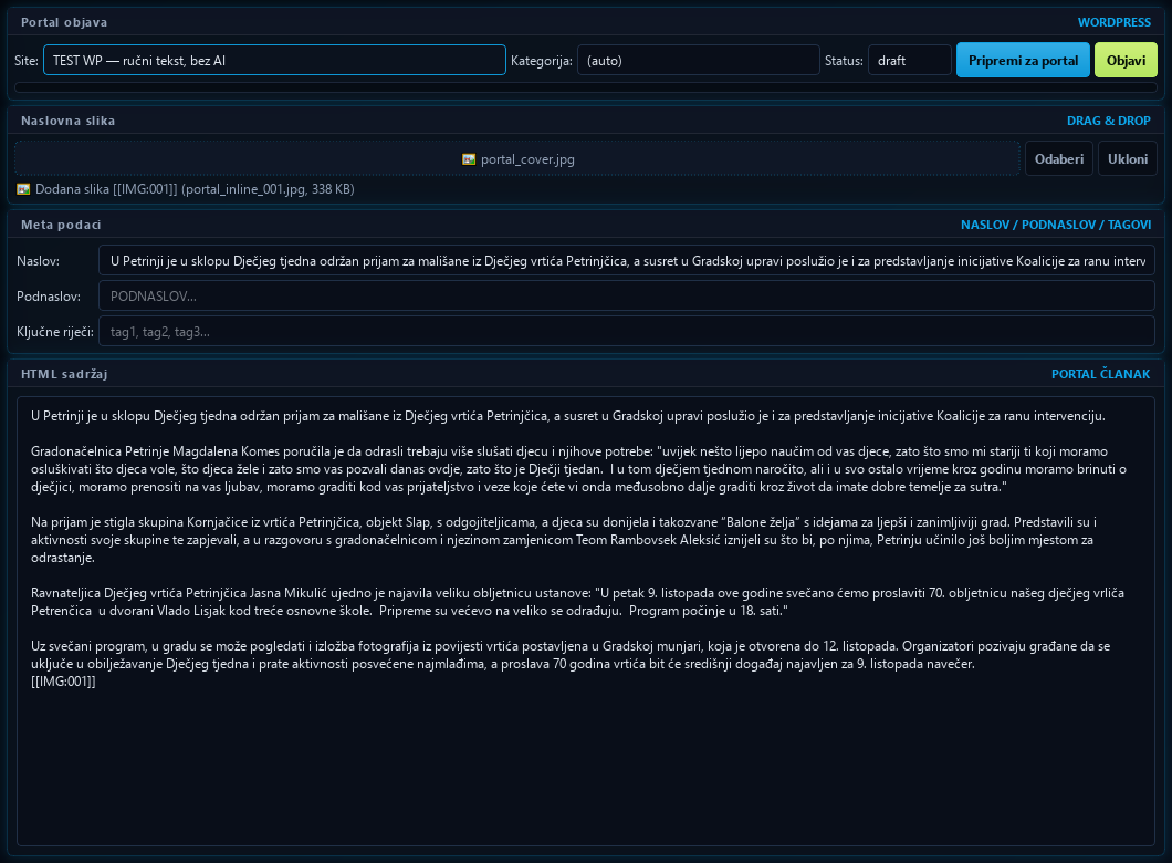 WordPress editor s naslovom, slikom i tekstom pripremljene skice članka.