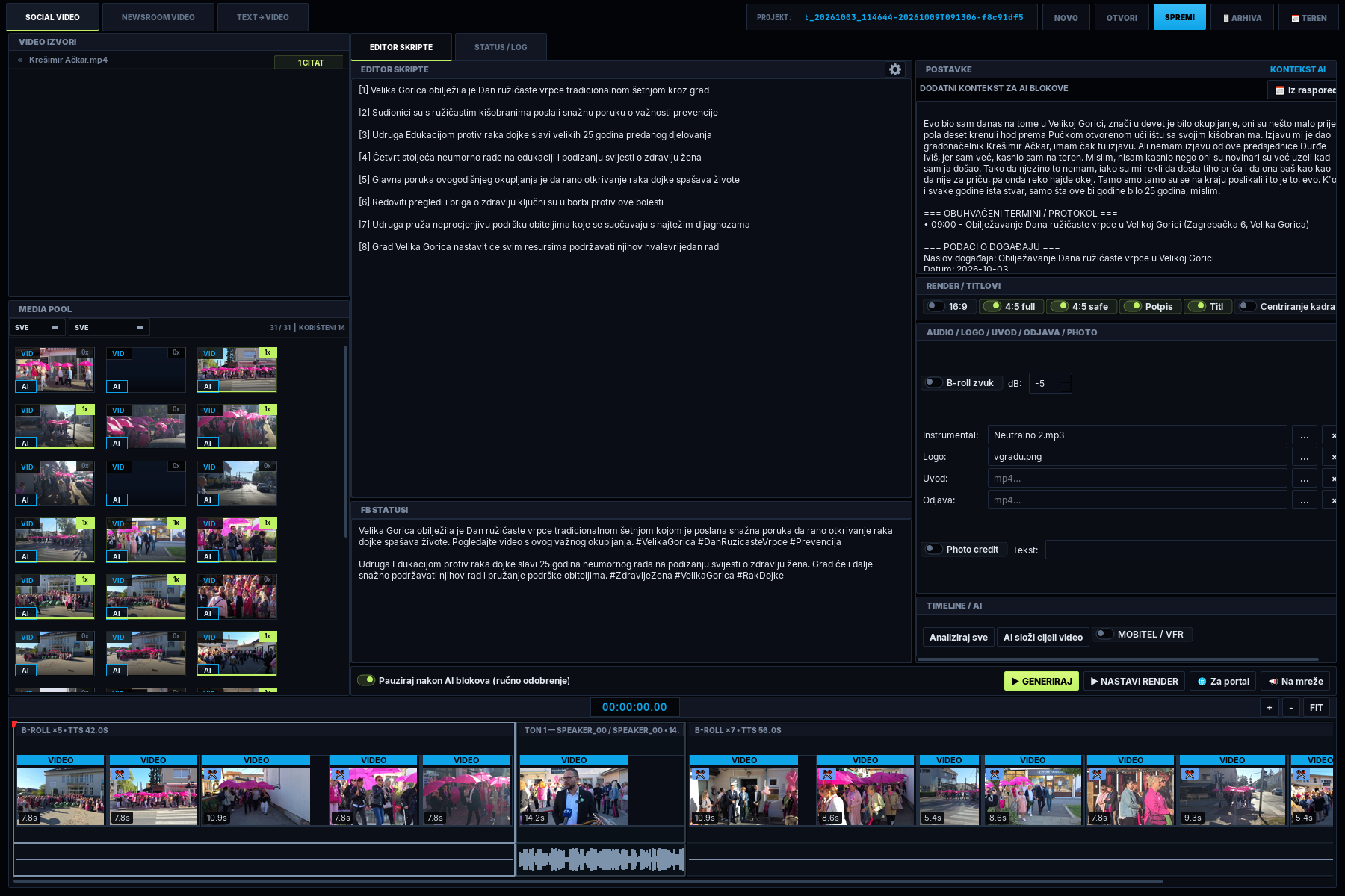 Social video editor s medijima, tekstom i video timelineom.